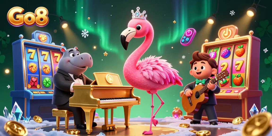 Go8 showcases a dynamic 3D casino scene featuring a flamboyant flamingo singer and hippo bassist among vibrant slot machines.