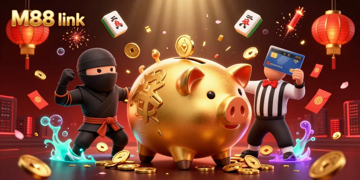 Engage with the M88 link in a thrilling 3D casino scene featuring fortune elements and dynamic action.