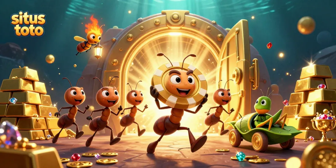 Win big with situs toto as cartoon ants navigate a heist for gold treasures and poker chips.