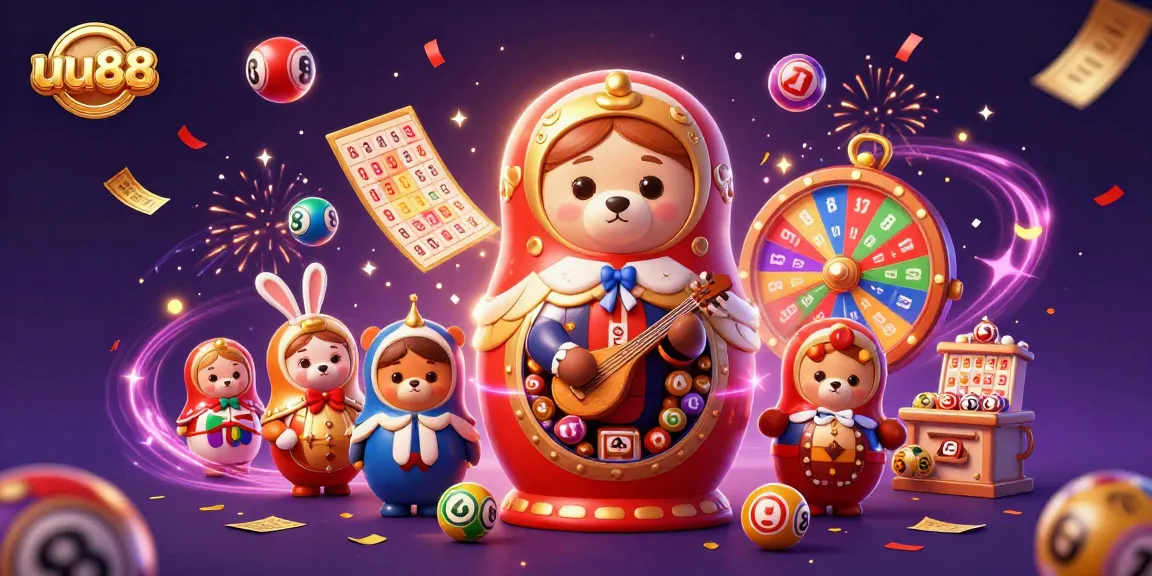 Experience the vibrant world of uu88 with colorful lottery balls and dynamic casino-themed characters in this captivating illustration.
