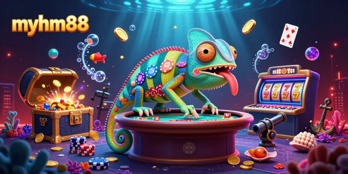 Join the excitement at myhm88 with a vibrant online casino scene showcasing a lively chameleon and dynamic games!