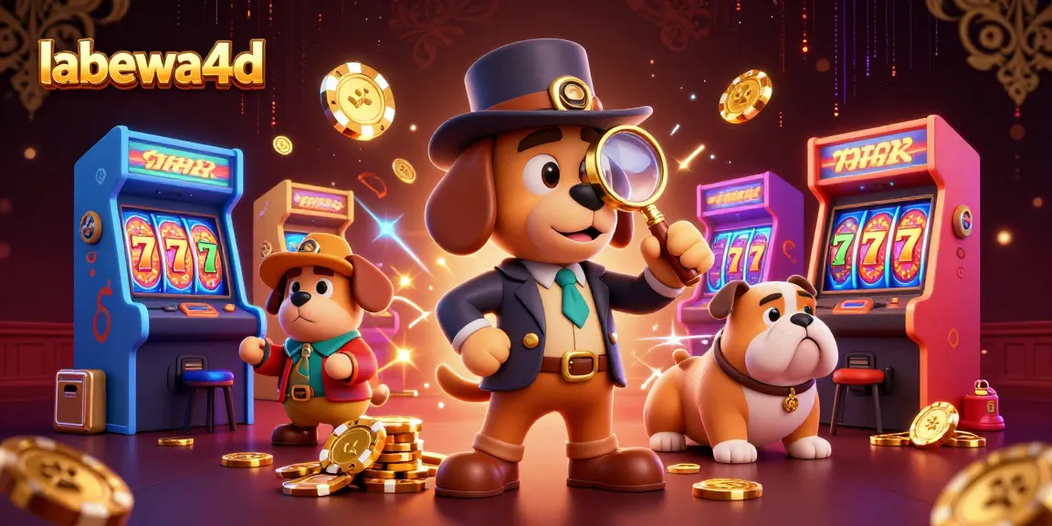 labewa4d menampilkan ilustrasi 3D mendetail dari detektif serigala mencari chip poker emas di kasino yang penuh warna.