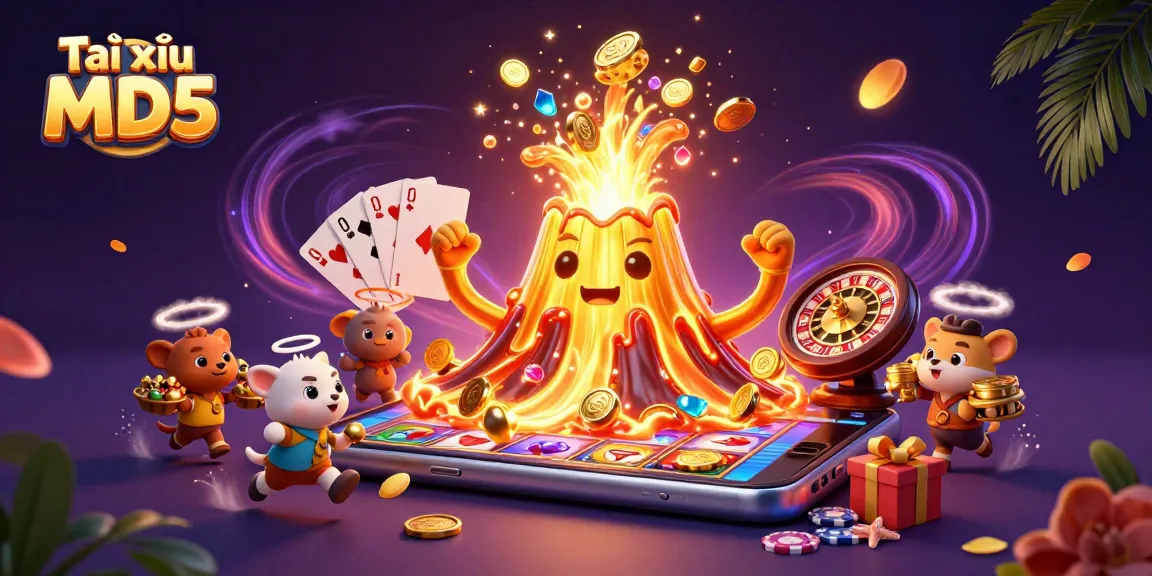 Tài xỉu MD5 showcases a golden volcano erupting coins, with explorers seizing the treasure in an exciting casino-themed scene.