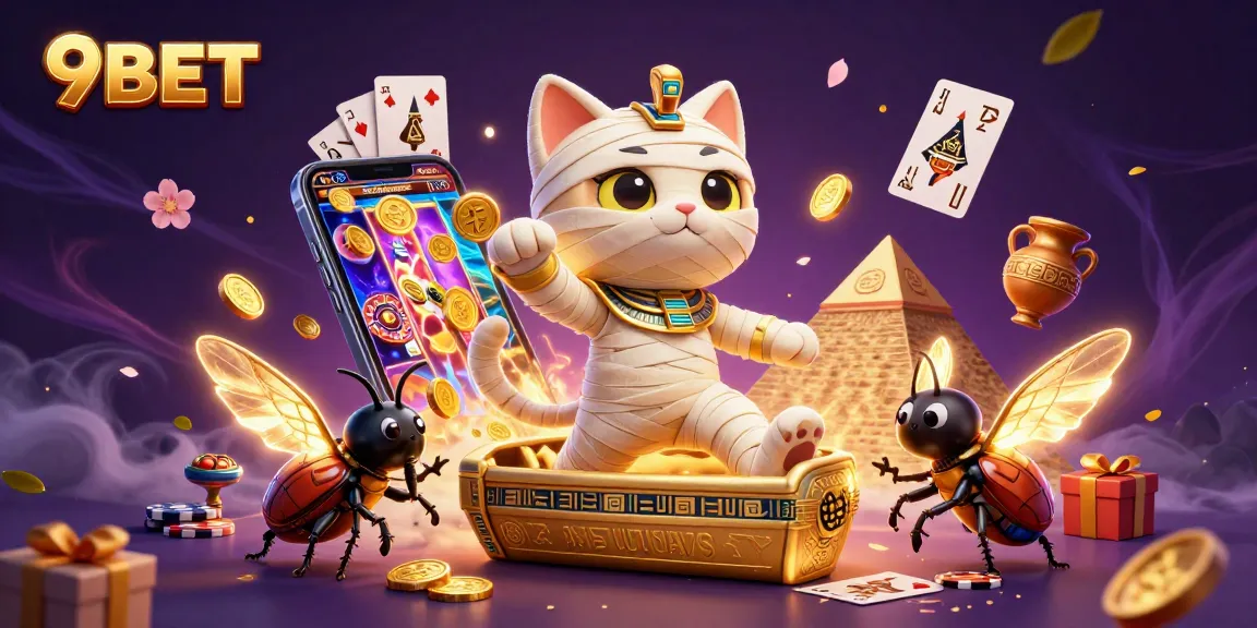 Join the excitement at 9BET with a 3D mummy cat and thrilling games in a vibrant casino scene.