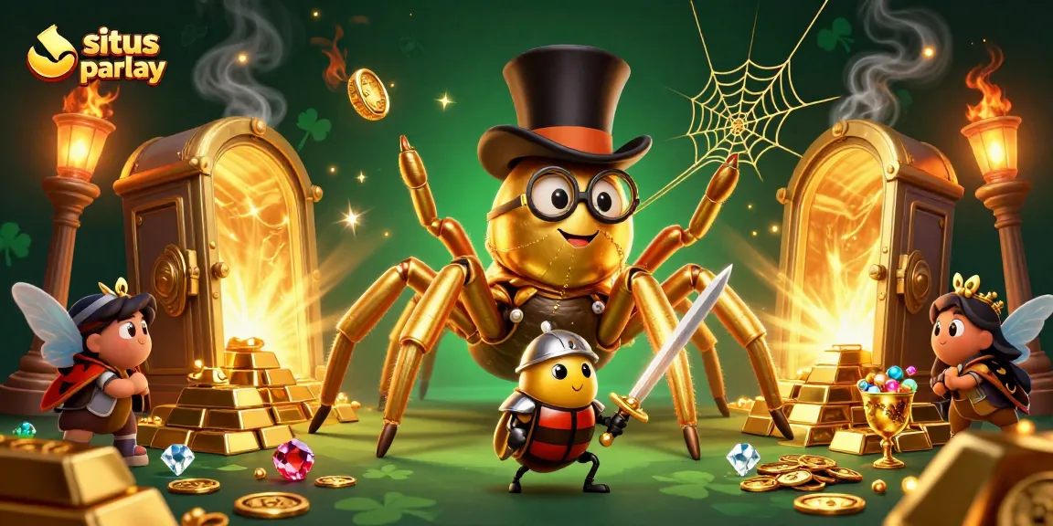 Experience situs judi parlay excitement with a dynamic illustration of a golden tarantula and beetle knight amidst grand casino treasures.