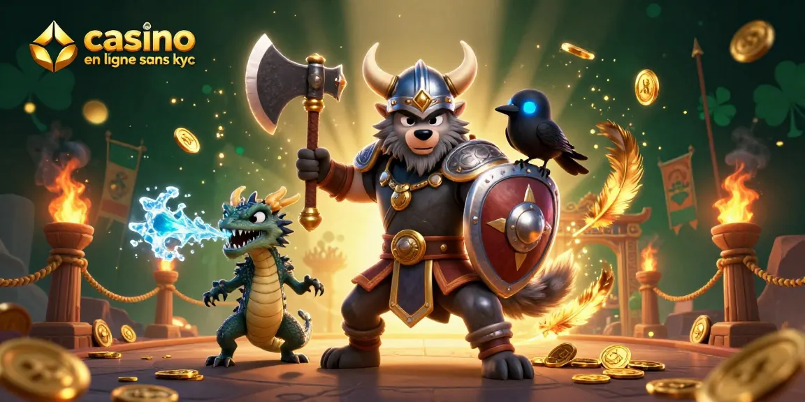 Jouer à des jeux de casino en ligne sans KYC avec un Viking et un dragon dans une scène dynamique.