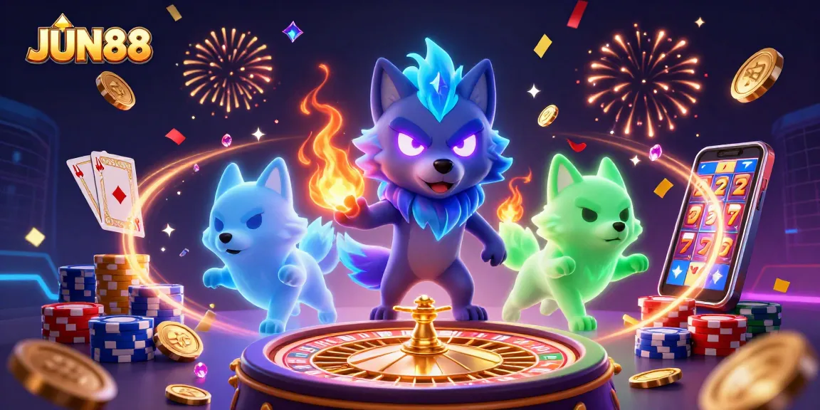 Engage in thrilling gameplay at JUN88 with colorful casino elements and vibrant characters.