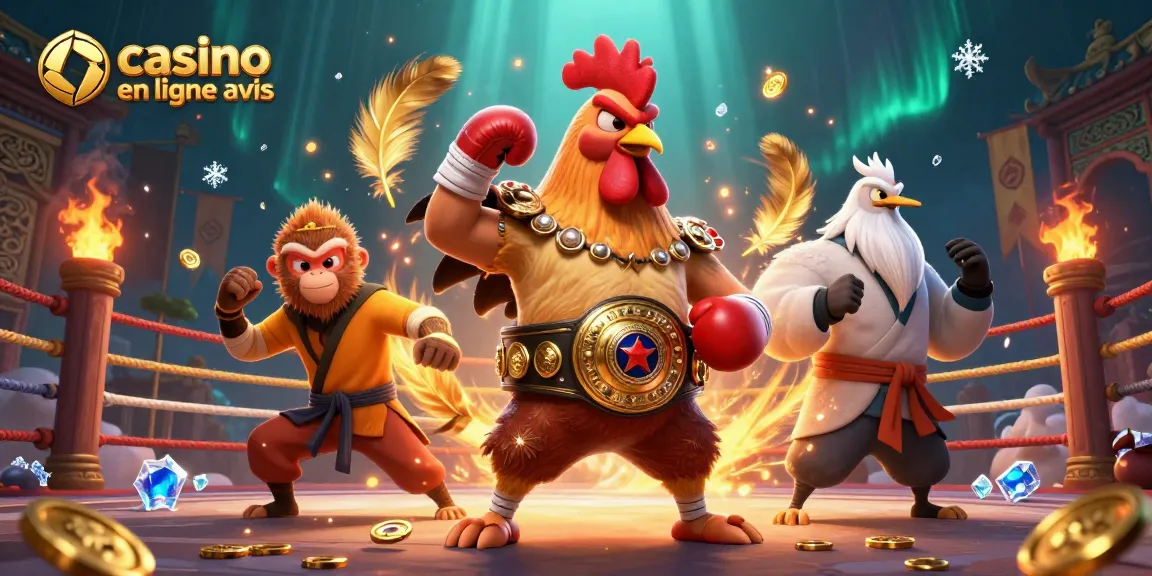Plongez dans l'univers du casino en ligne avis avec cette image vibrant de couleurs, mettant en scène un combat entre un coq Muay Thai et un singe Shaolin.