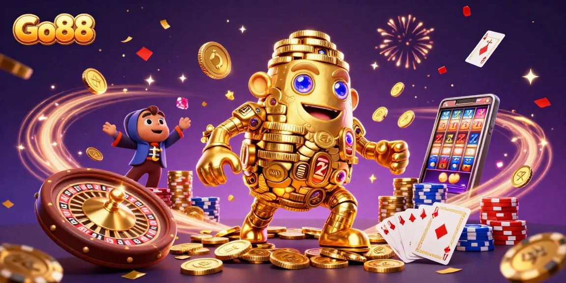 Experience the thrill of gaming with Go88's golden golem and spectacular casino elements in a vibrant illustration.