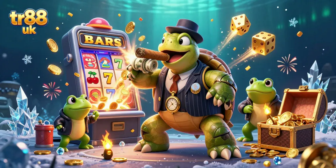 Experience excitement at tr88 uk with a dynamic scene of a cartoon turtle and bullfrog enforcers celebrating casino wins.