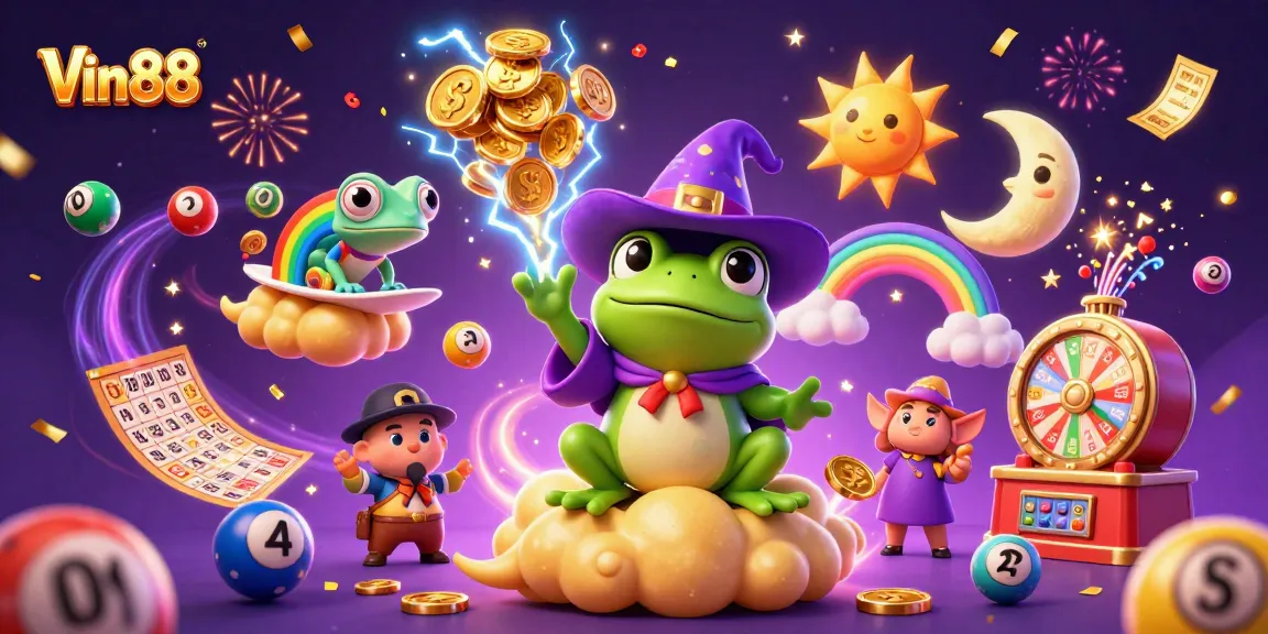 Engage with thrilling Vin88 gameplay, illustrated with vibrant casino elements and magical characters.