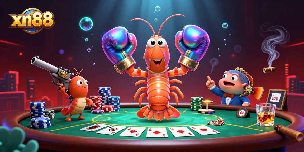 Win big playing xn88 as cartoon shrimp characters showcase thrilling poker gaming excitement.