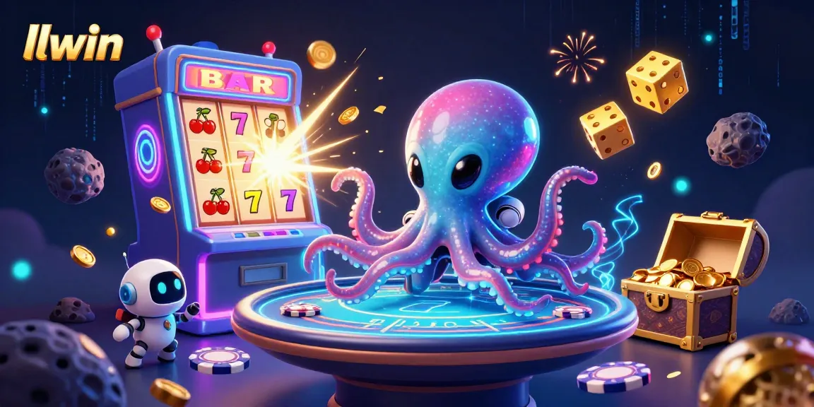 Experience excitement at llwin with an alien octopus playing poker alongside a quirky robot in a vibrant casino scene.