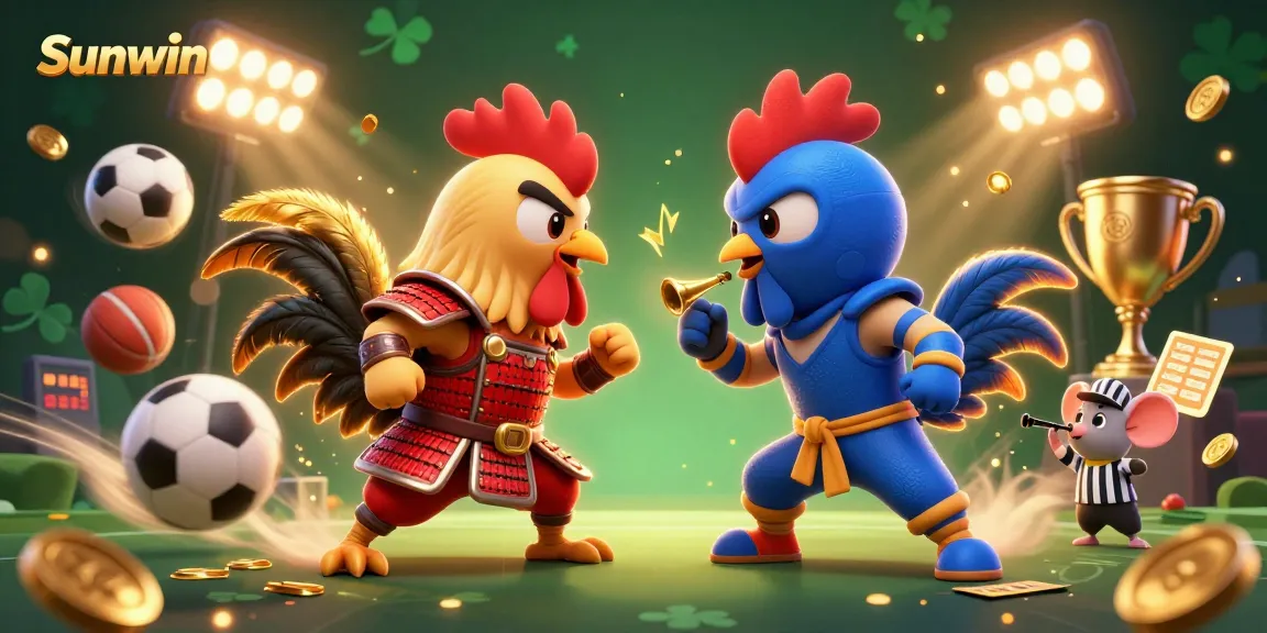 Sunwin engages players with a thrilling showdown of roosters in a vibrant casino scene.