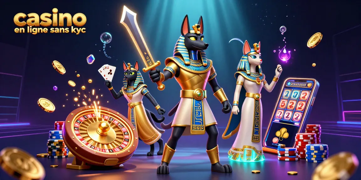 Plongez dans le monde du casino en ligne sans KYC avec Anubis, le guerrier égyptien, entouré de richesses et de jeux captivants.