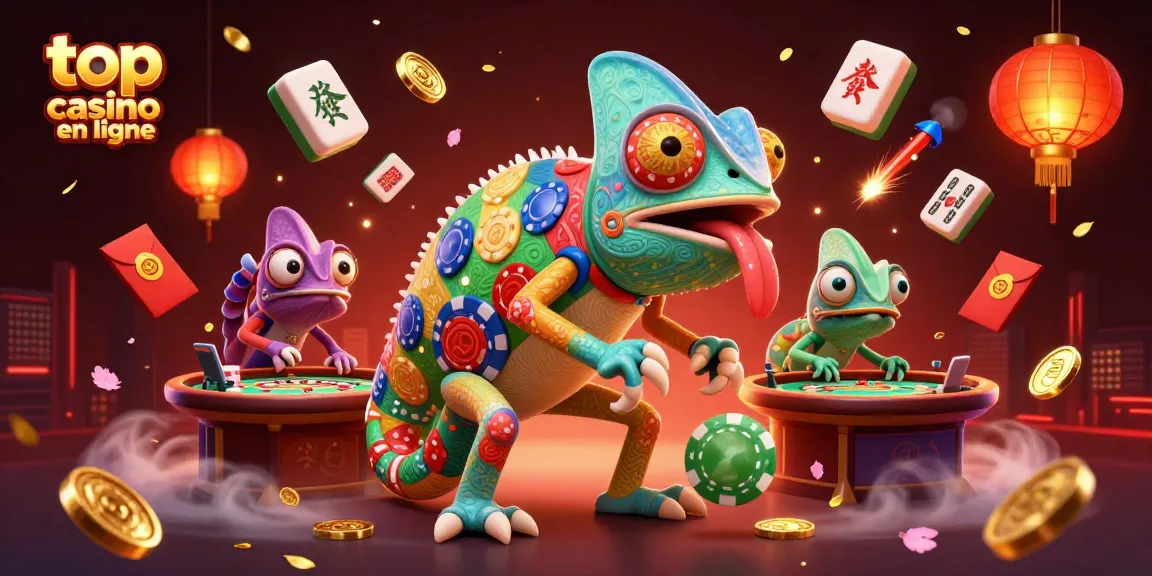 Découvrez le top casino en ligne avec un caméléon de casino attrapant des pièces d'or dans un univers vibrant.