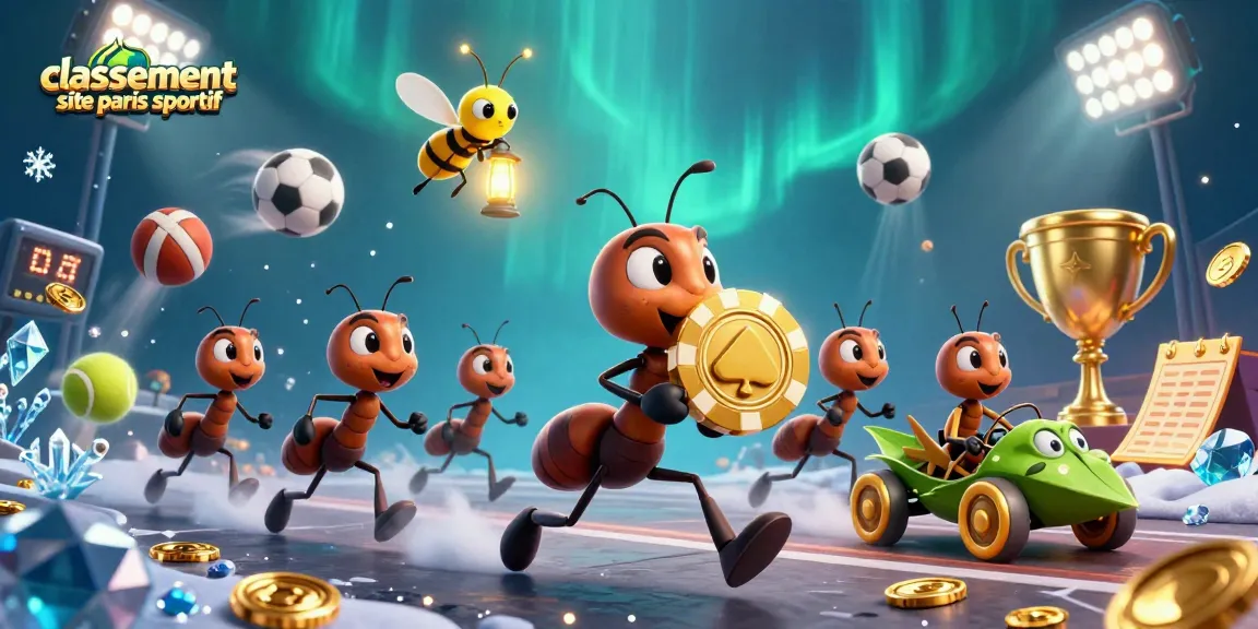 Illustration dynamique de l'équipe d'ants transportant un jeton de poker géant dans un tunnel, autour d'éléments de paris sportifs.