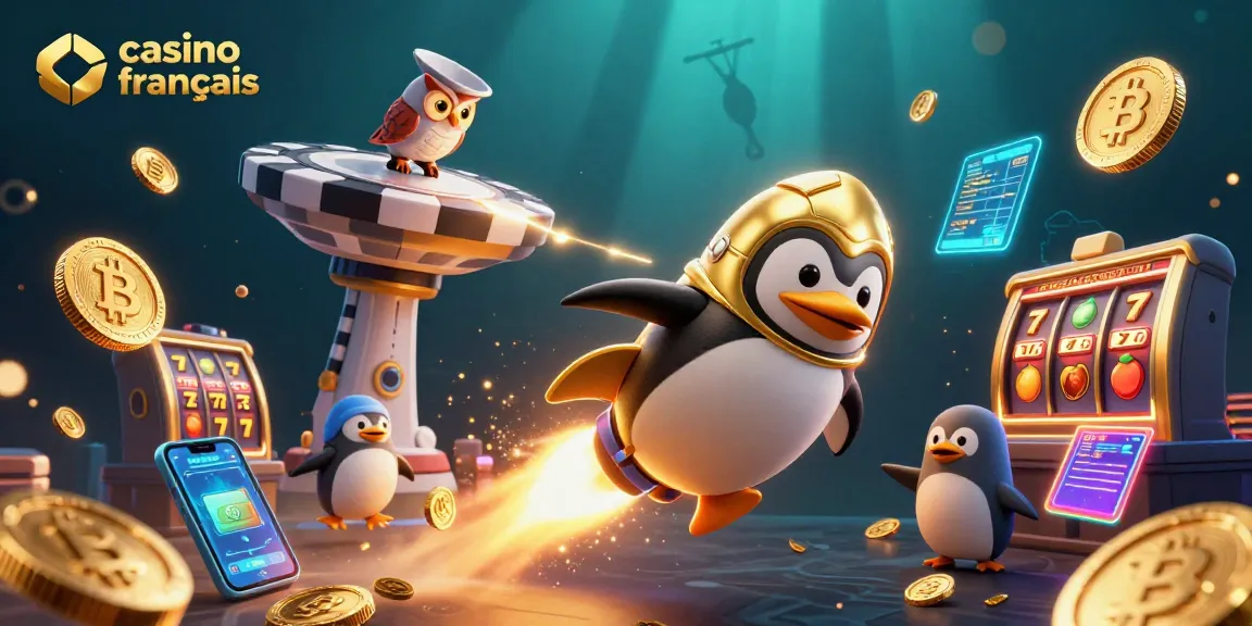 Illustrer des jeux de casino français crypto avec un pingouin doré et des pièces de monnaie.