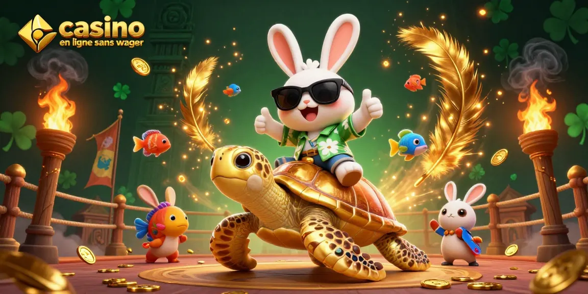 Illustration dynamique du casino en ligne sans wager avec un lapin chanceux et une tortue dorée.