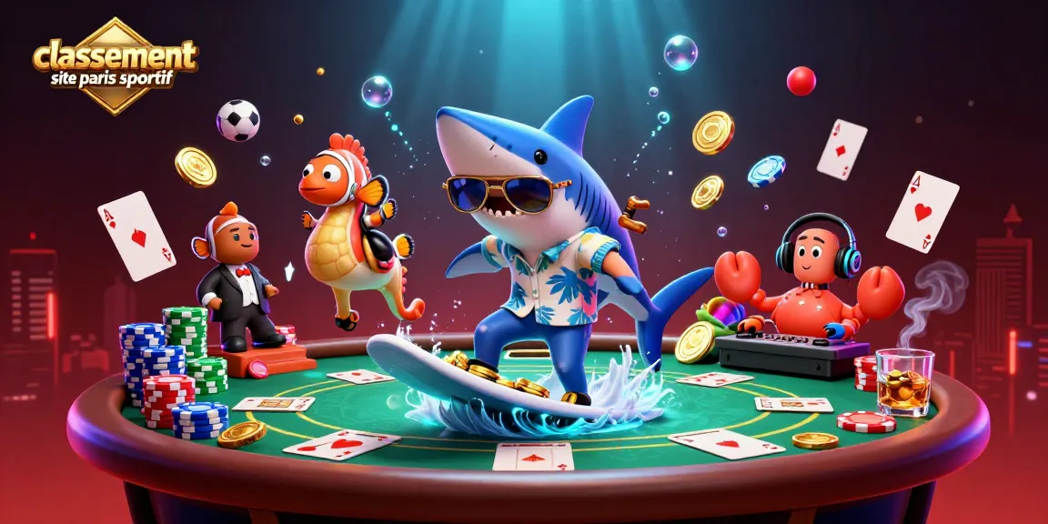 Animation créative avec un classement site paris sportif, un poisson clown élégant à côté d'un requin surfeur.