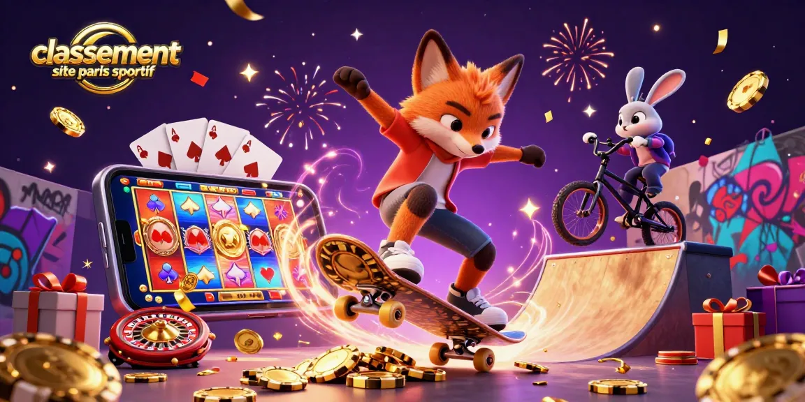 Le classement site paris sportif présente une scène dynamique avec un renard et un lapin en action, entourés d'éléments de jeux.