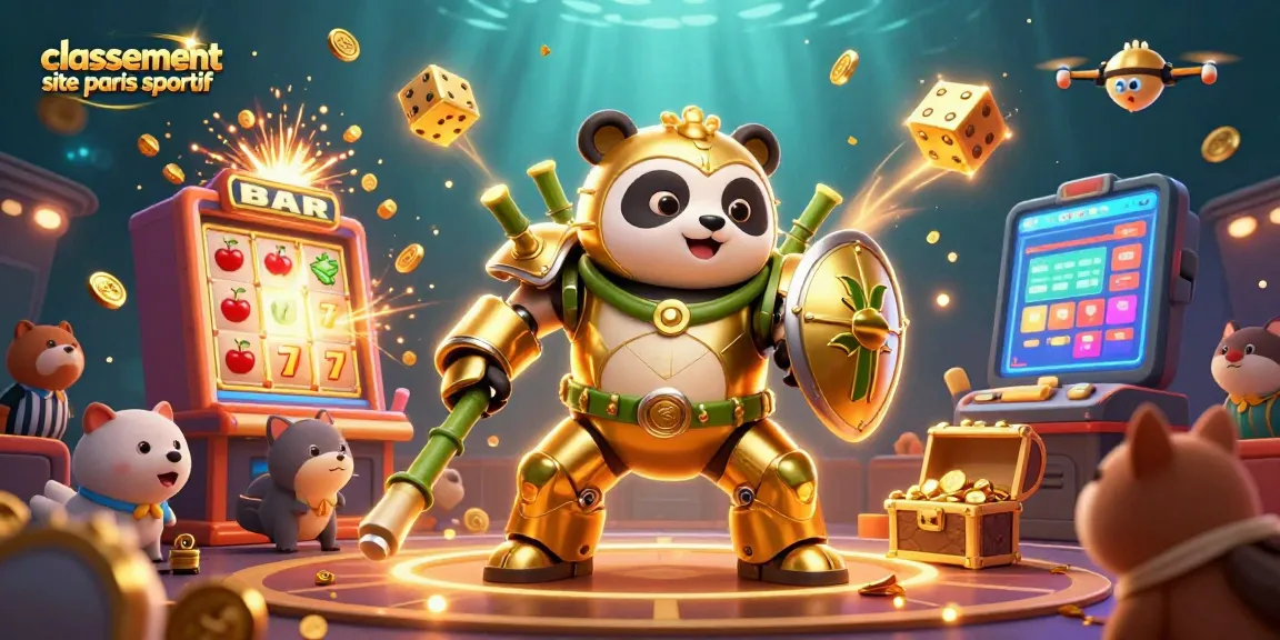Classement site paris sportif illustré par un panda en mécha dans une arène de paris.