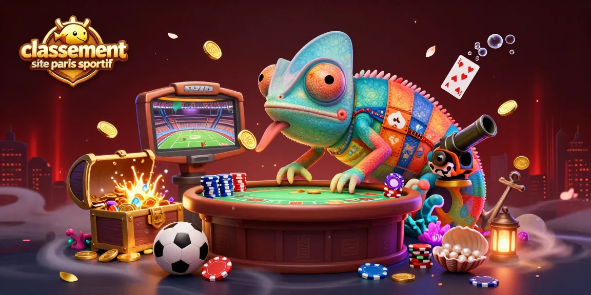 Illustre le classement site paris sportif avec un caméléon 3D aux couleurs vives dans un univers dynamique de paris sportifs.