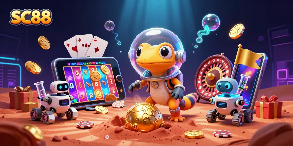Engage with SC88's thrilling online casino experience featuring a Martian gecko discovering a golden casino.