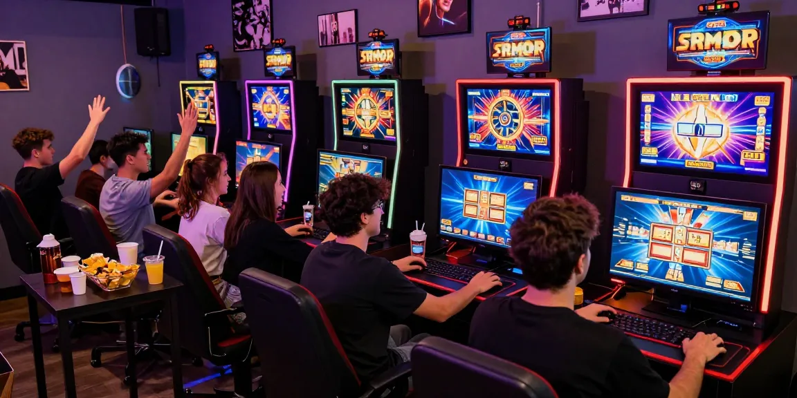 Players enjoying link apizeus777 online slots in vibrant gaming lounge with dynamic screens.