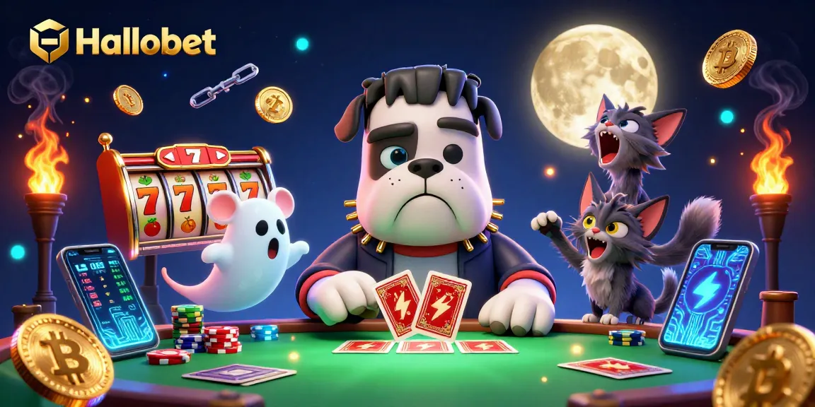 Halobet offers vibrant gameplay with a Frankenstein bulldog dealer, enticing players at the slot table.