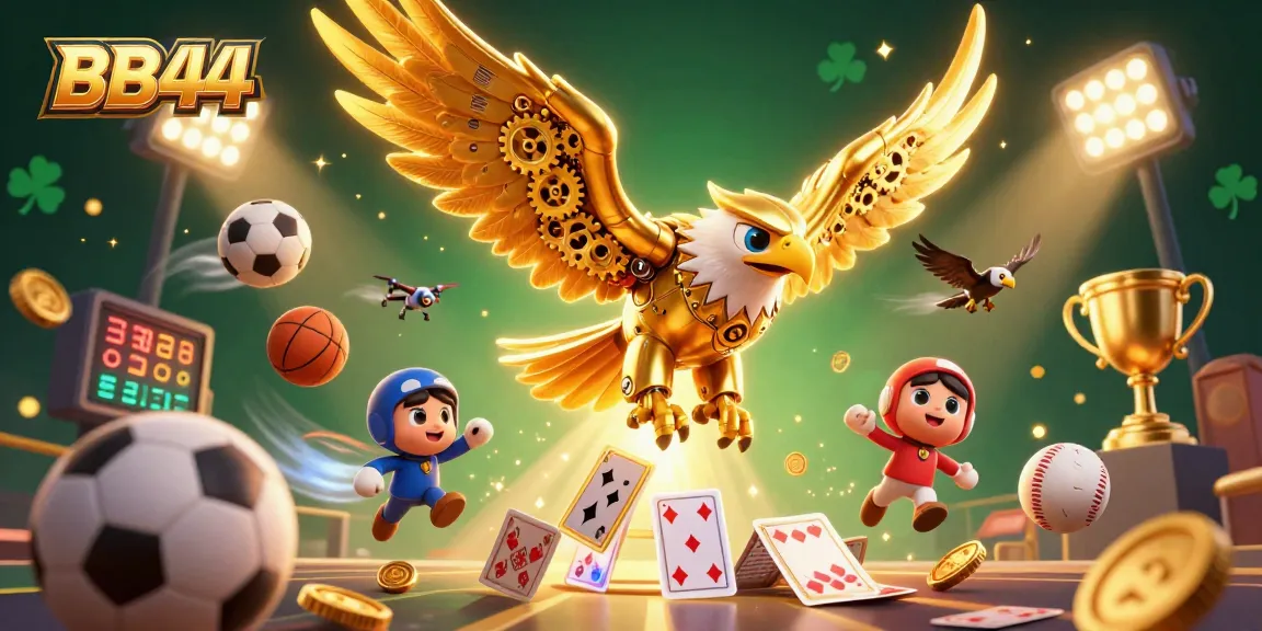 Experience BB44's dynamic gaming scene with golden eagle and holographic cards amidst sports elements.