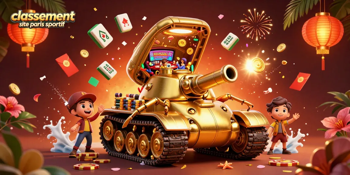 Le classement site paris sportif met en avant un tank doré en forme de scarabée avec un casino miniature à l'intérieur, entouré d'éléments festifs.