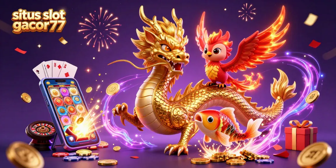 Experience excitement with situs slot gacor77 showcasing a golden dragon, phoenix, and koi fish in a vibrant casino scene.