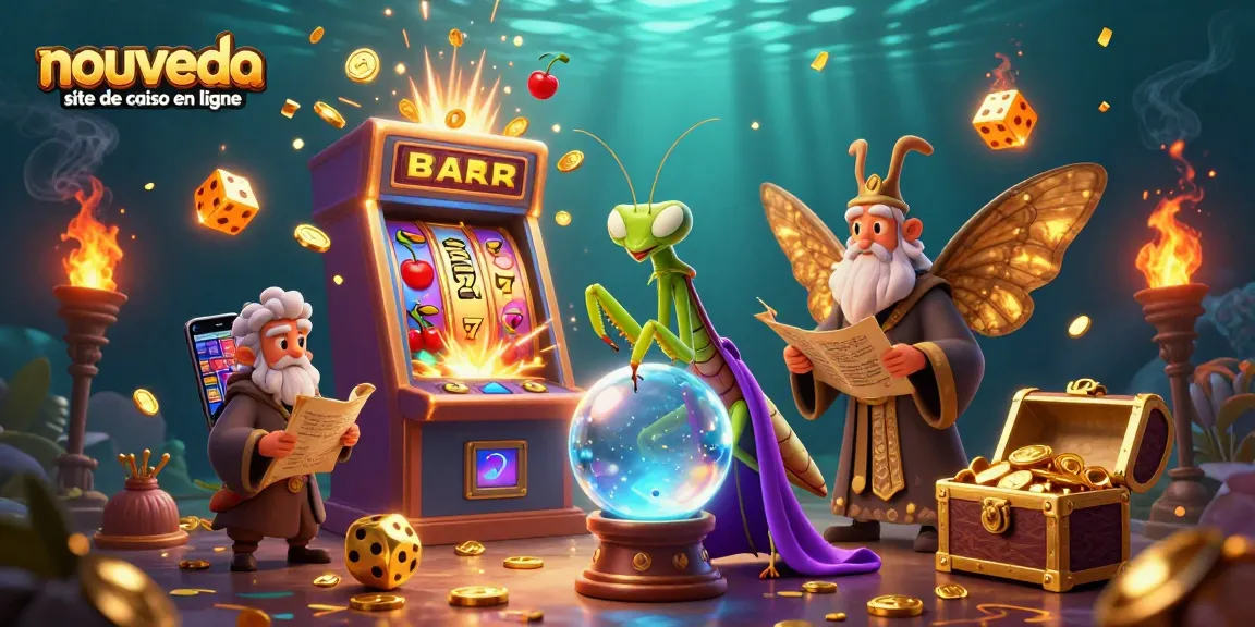 Découvrez un nouveau site de casino en ligne avec une illustration captivante de personnages mystiques et des machines à sous.