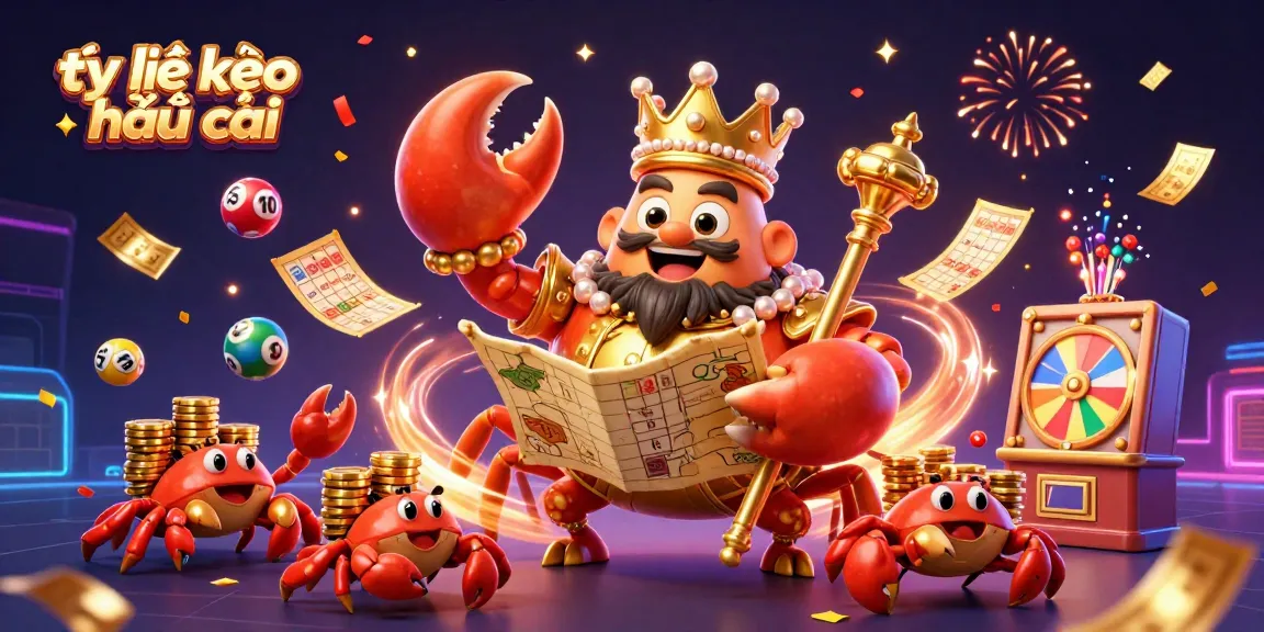 Engage in thrilling gaming action with tỷ lệ kèo nhà cái, featuring a golden crab emperor among vibrant lottery elements.