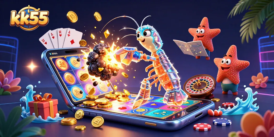 Engage with kk55's excited gaming scene featuring a mantis shrimp and starfish among dynamic slots and casino symbols.