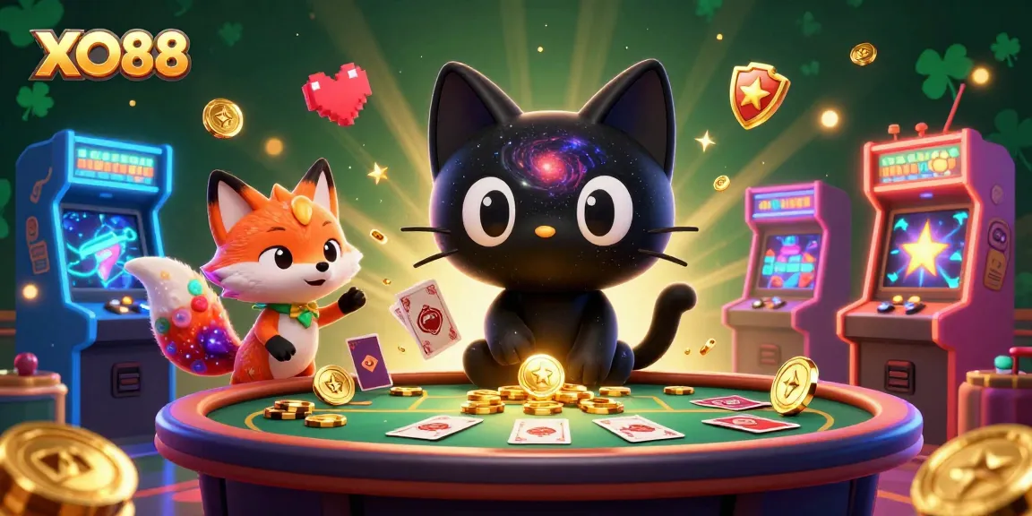 Play and win with XO88's vibrant 3D casino scene featuring whimsical characters and game elements.