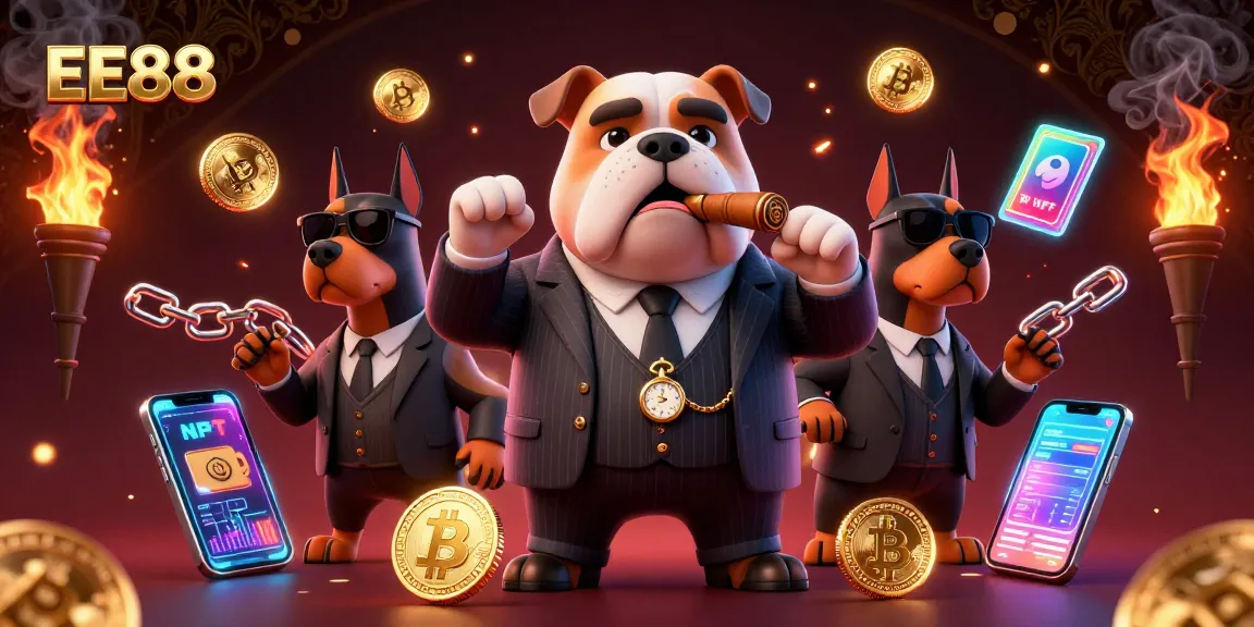 Experience thrilling crypto gaming at EE88 with a mafia bulldog and bodyguards in a captivating casino scene.