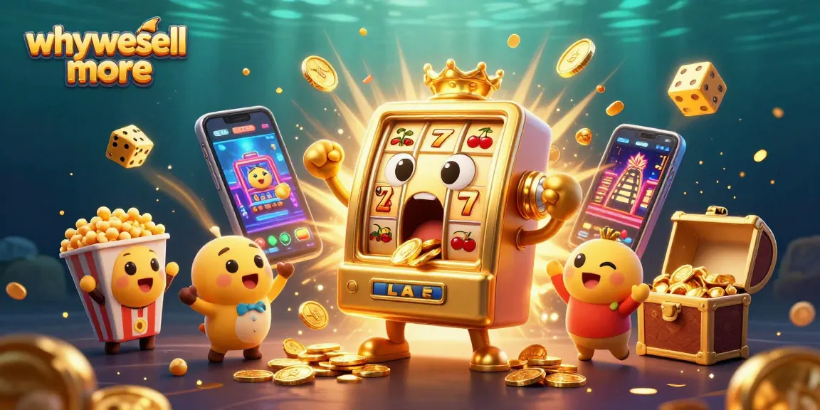 Mendapat jackpot dengan mesin slot "whywesellmore" yang mengeluarkan koin dan dikelilingi oleh mesin slot kecil serta efek festival.