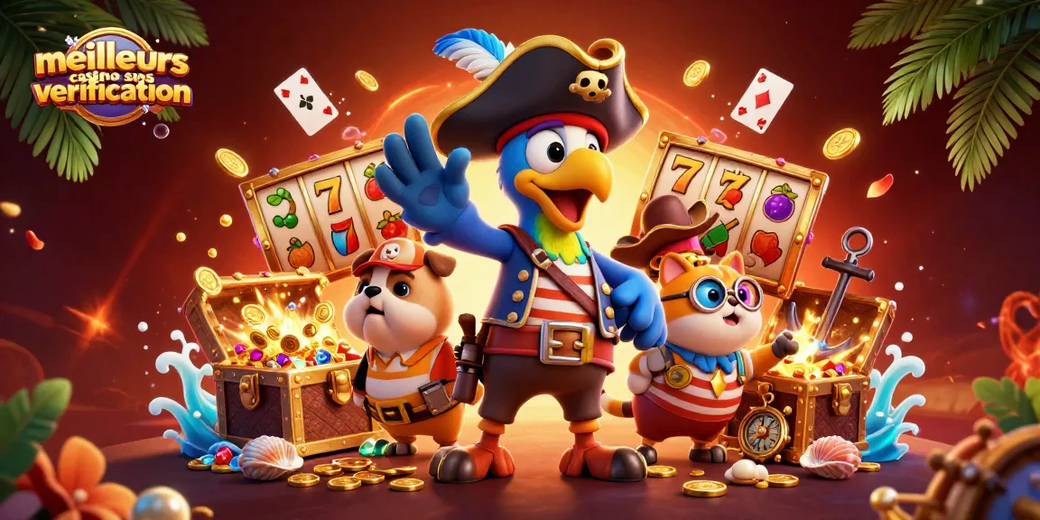 Illustration colorée présentant les meilleurs casinos sans vérification avec un capitaine pirate et des éléments de jeux d'argent.